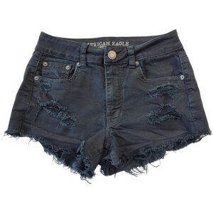 American Eagle Woman’s Stretch Black Distressed Hi Rise Festival jean shorts 2